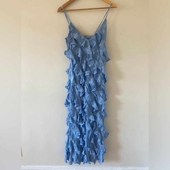 NWT Anthropologie BHLDN Jia Printed Bias-Cut Ruffled V-Neck Gown Maxi Blue Sz 4 - Picture 4 of 7